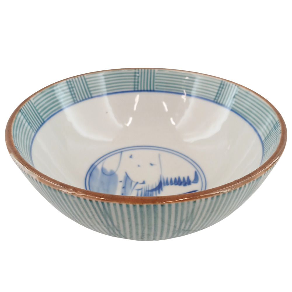 Vintage Japanese Porcelain Bowl with Blue Dog Motif & Striped Rim Hand-Painted